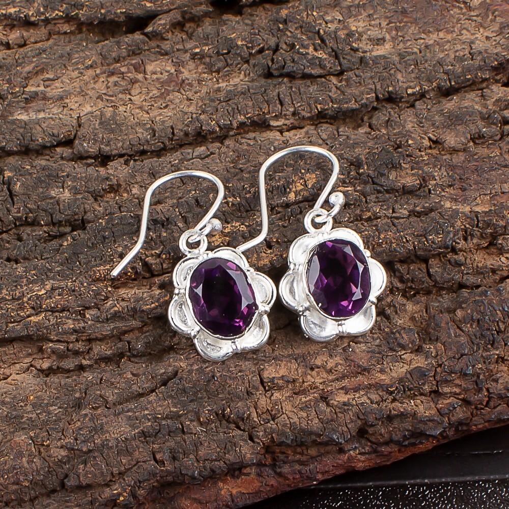 Natural Amethyst Gemstone 925 Sterling Silver Jewelry Handcrafted Earrings 1.30" EE-11-8