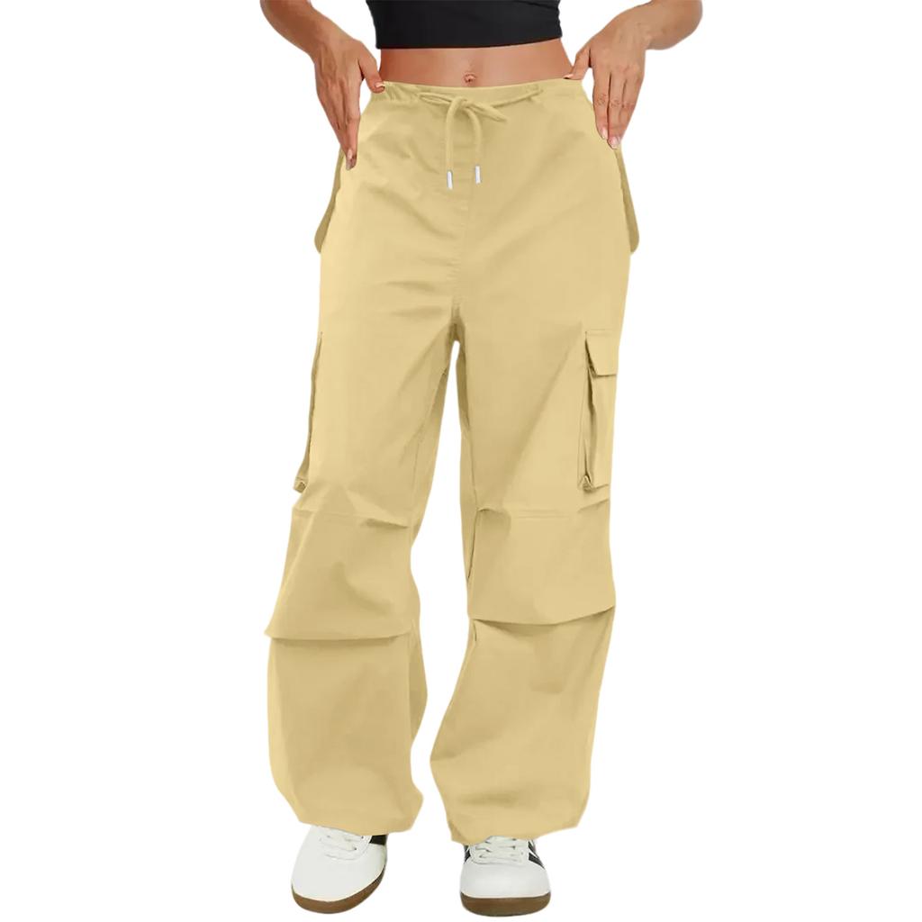 Women's Fashionable Solid Color Drawstring Elastic Waist Multi Pocket Workwear Casual Pants