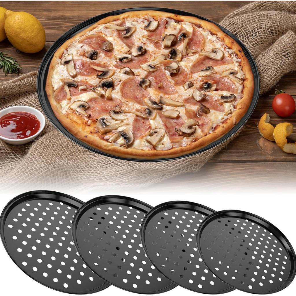 Pizza Tray For Oven 4-Pieces Non-Stick Carbon Steel Kitchen Bakeware Oven Pizza Tray For Home Dorm Hotel Bathroom Dormitory