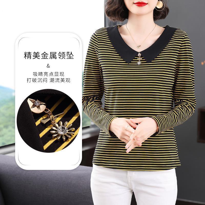 Casual Fashion Striped Printing T-shirt Spring Autumn Long Sleeve Peter Pan Collar V-Neck Loose Tops Ladies