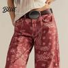 Wide-leg Denim Pants for Women Barrel Jeans Floral Print Boyfriend Baggy Casual Mid Rise Wide Leg Ankle
