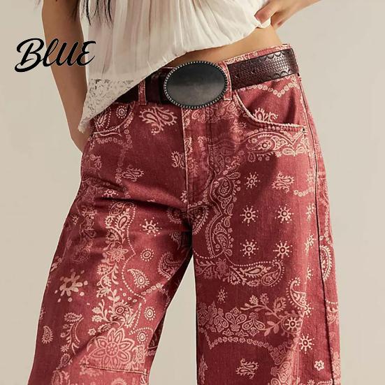 Wide-leg Denim Pants for Women Barrel Jeans Floral Print Boyfriend Baggy Casual Mid Rise Wide Leg Ankle