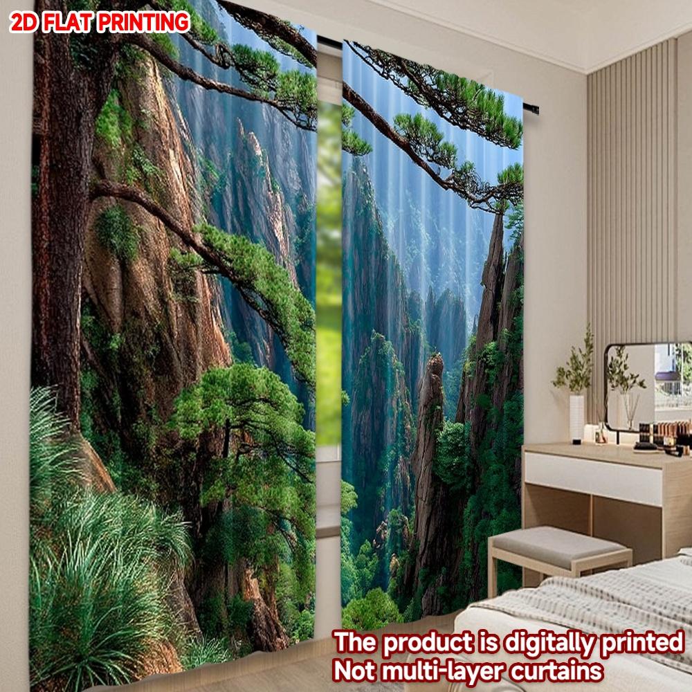 Set Of 2 Pine Tree Mountain Landscape Curtains Lush Green Forest Majestic Peaks Nature Themed Bedroom Living Room Curtain For Area Made Polyester