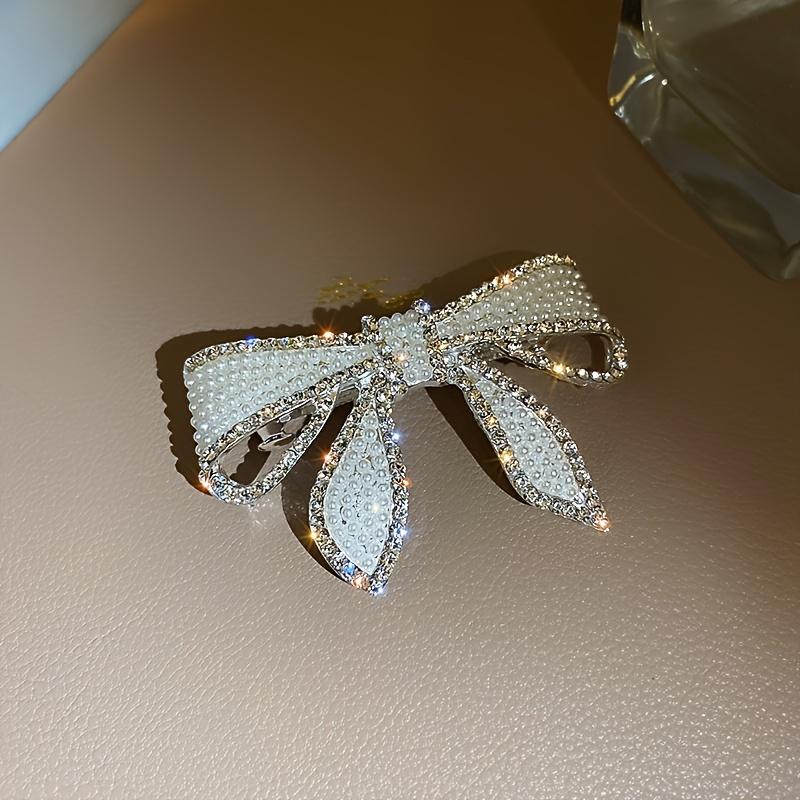 Elegant Iron White Rhinestone Bow Hair Clip Pearl Accented Spring Clip Butterfly Knot Hair Accessory For Women