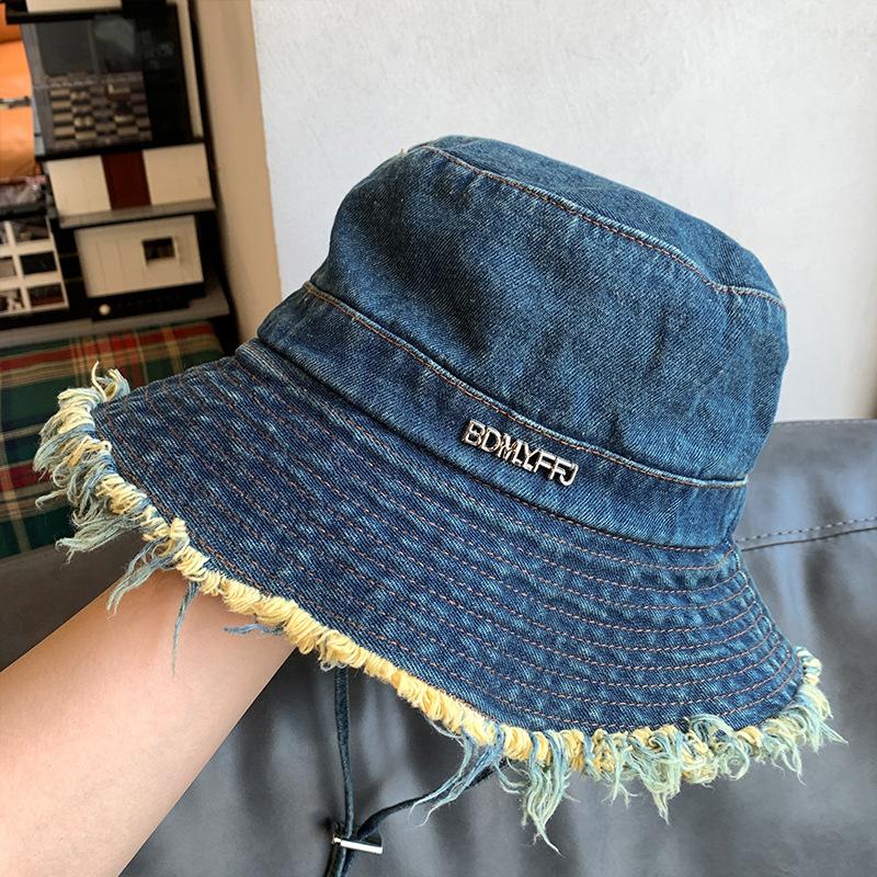 

Korean-style vintage frayed lettered wide-brimmed fisherman hat for women, summer distressed outdoor sun hat that makes the face look smaller M（56-58cm） темно-синього кольору