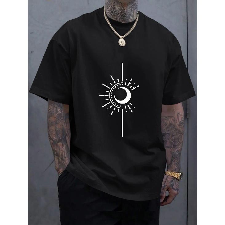 

Мужская футболка с принтом луны, футболка большого размера с круглым вырезом, повседневная одежда с короткими рукавами для мужчин L чёрный