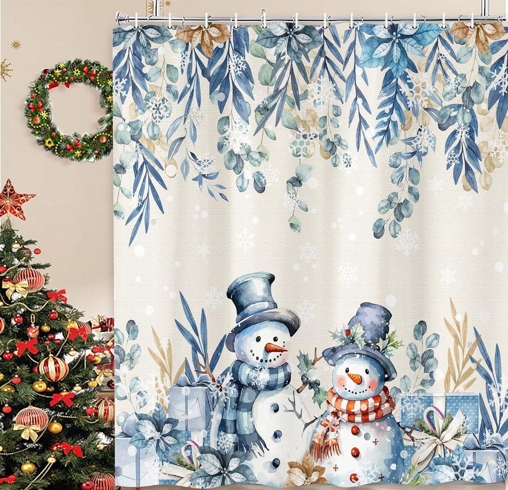 Winter Christmas Shower Curtain,Holiday Blue Snowman Bath Curtain Xmas Gift,Eucalyptus Leaf Flower Floral Bathroom Accessories