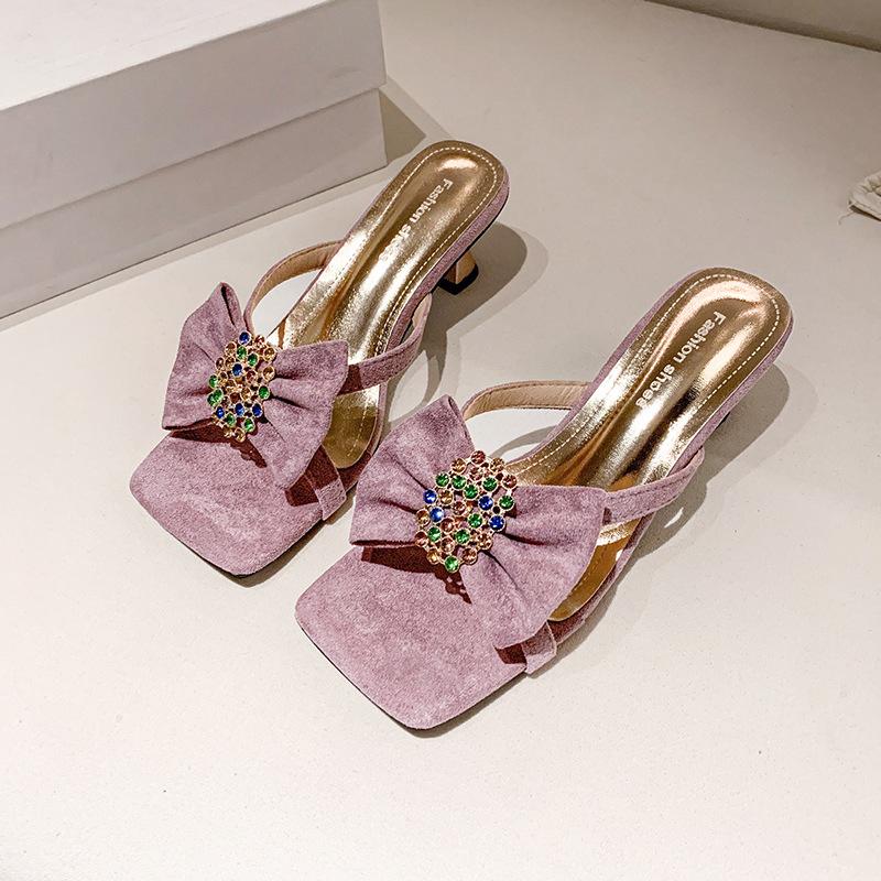 Wearing Square Head Cool Slippers for Women's Summer New Colored Diamond Bow High Heel Cool Slippers for Women