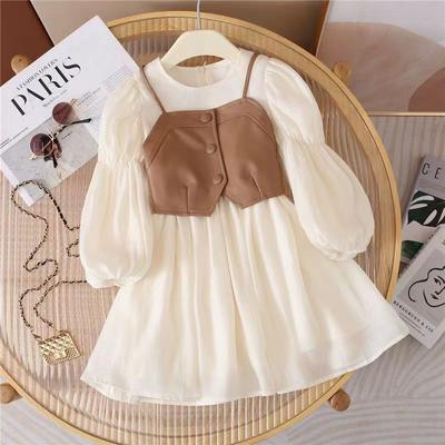 Spring Autumn Baby Suits Girl Vest + Long Sleeve Dresses 2piece Kids Cute Princess Dress Children Chiffon Vestido 2 -10T
