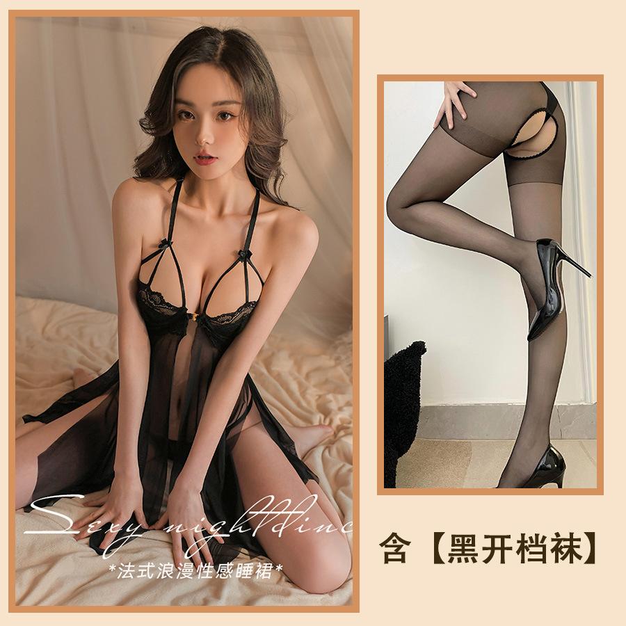 Sexy passion mesh perspective pajamas women's suspenders lace loungewear hot temptation hollow nightdress