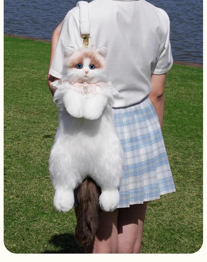 White Super Cute Trendy And Fashionable Cat bags plush Cat Backpack Pure Handmade Simulation Cat Shopping Bag Birthday Gifts Bag