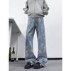 American High Street Flower Print Jeans Men's Autumn Niche Design Pants Cleanfit Straight Wide-leg Pants