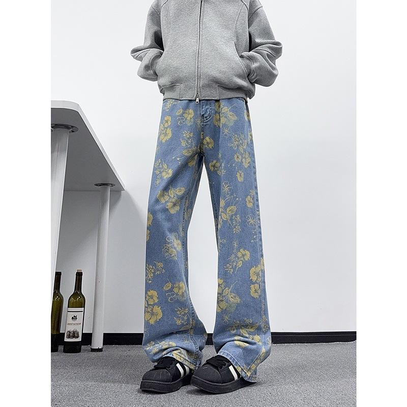 American High Street Flower Print Jeans Men's Autumn Niche Design Pants Cleanfit Straight Wide-leg Pants