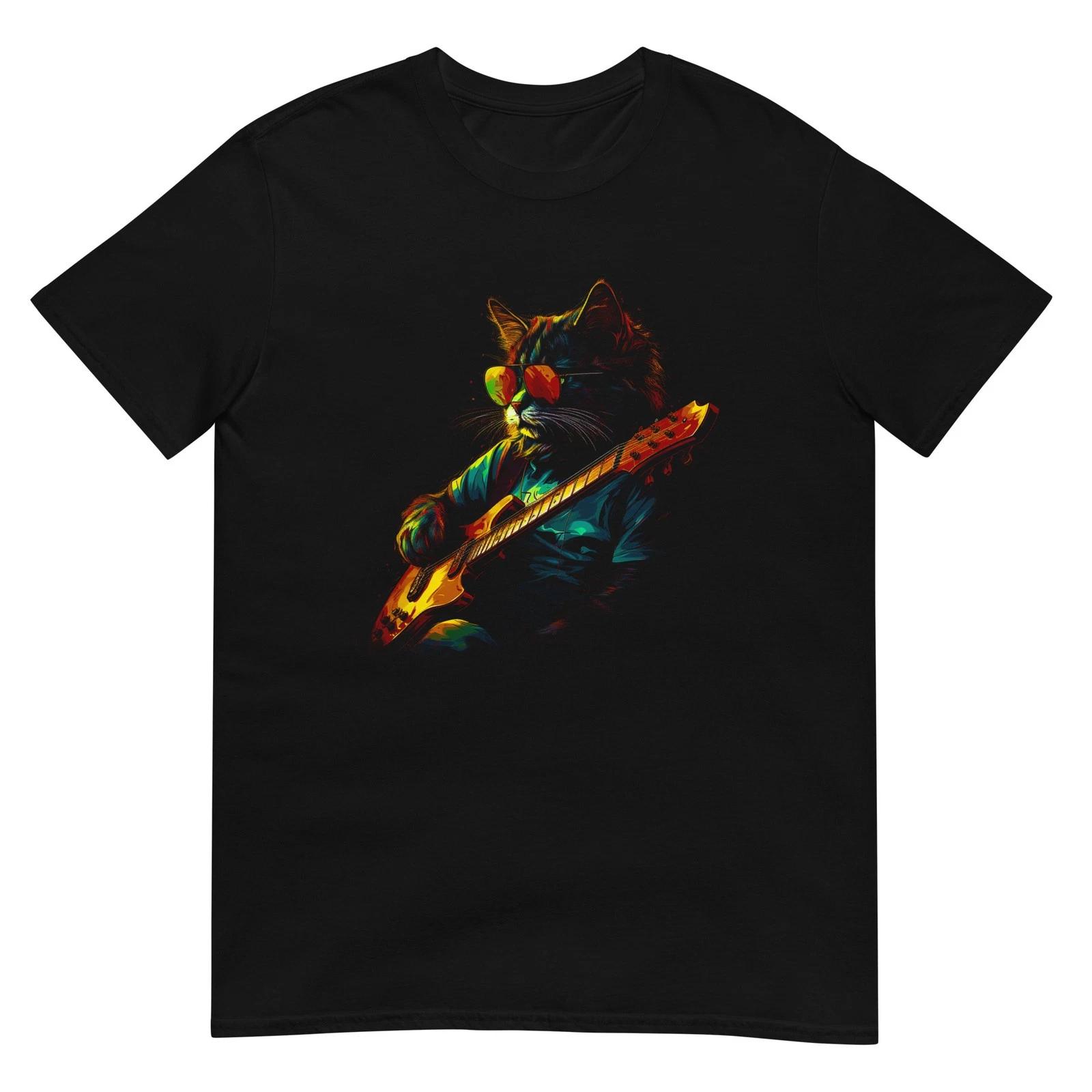 Cat Tshirt Guitar Player Tee Kitty Cats Lover Pet T-Shirt Unisex Design XL