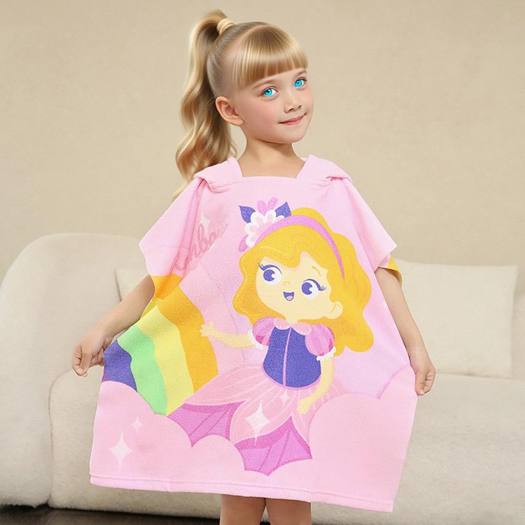 Ultra-Fine Fiber Cartoon Print Kids' Hooded Bath Towel Poncho