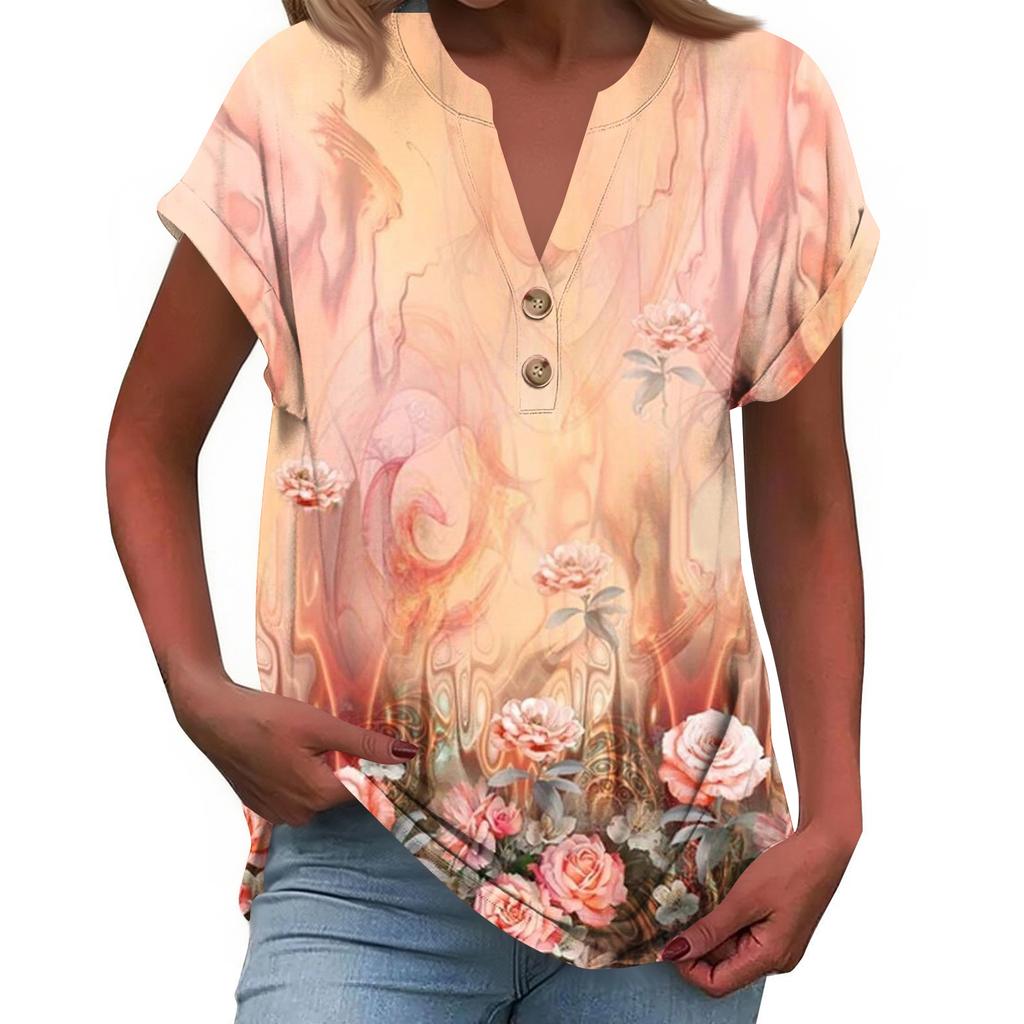 Women's Fashionable Casual Loose-Fit Short-Sleeved Button-Up V-Neck Printed T-Shirt Top