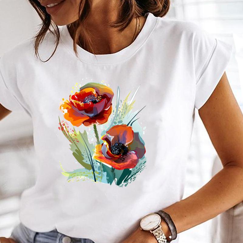 T-shirt Mode Été Haut Femme Manches Courtes Pissenlit Tendance Style Mignon Impression Mignonne T-shirt Dame Vêtement Féminin T-shirt Graphique Décontracté