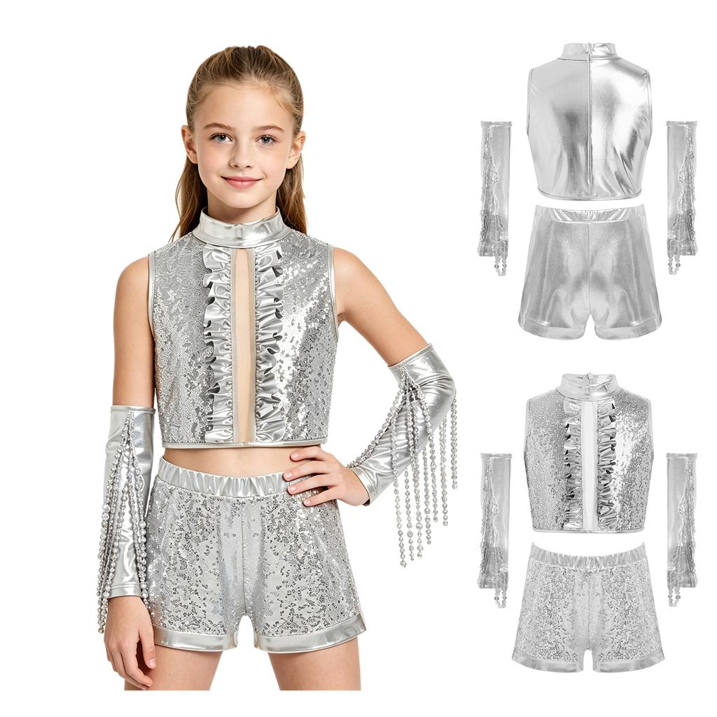 Conjunto de Rendimiento de Baile para Niñas Top Corto Metálico de Lentejuelas Pantalones Cortos de Cintura Alta y Guantes con Borlas para Espectáculo en Escenario Recital Fiesta