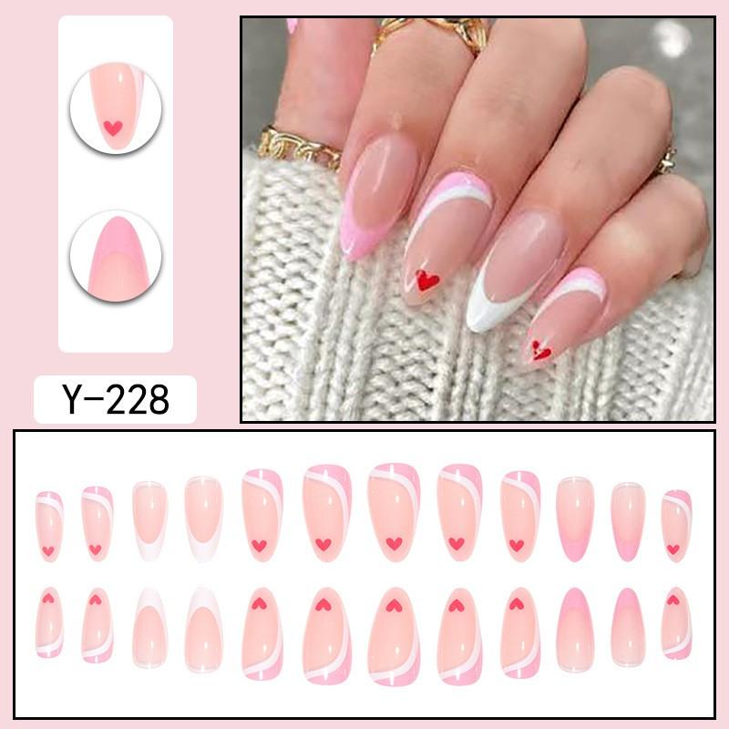 French Style Red Heart Drop Shape Press-On Nails Sweet Chic Nail Tips Women 24 Pieces