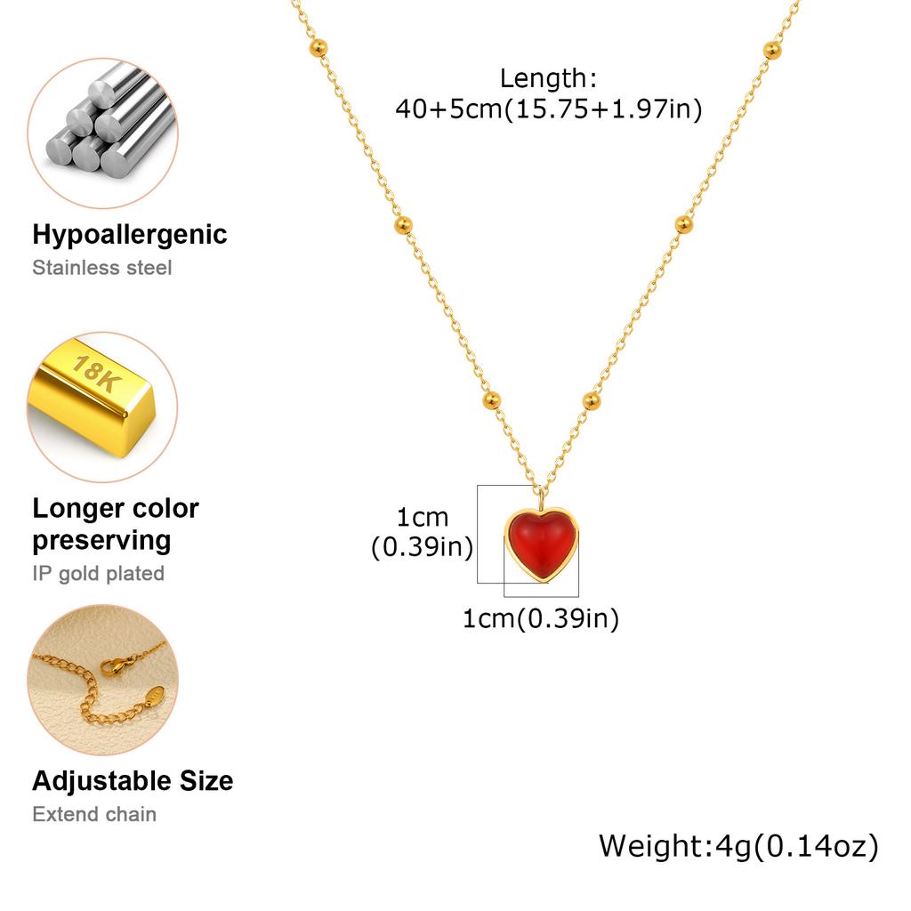 Fashion Heart-Shaped Pendant Necklace for Women,Stainless Steel Bead Chain Red Resin Necklaces,Gold Color Jewelry Gifts