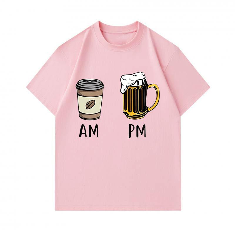 Men's 100% Cotton Crew Neck Short Sleeve T-Shirt, Funny AM Coffee PM Beer Graphic Casual Daily Wear Tee, Soft Breathable Summer Top for Men
