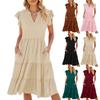Spring Summer New Solid Color V-neck Loose Short Sleeve Waist-tucked Patchwork Dress for Amazon Cross-border Trade Women