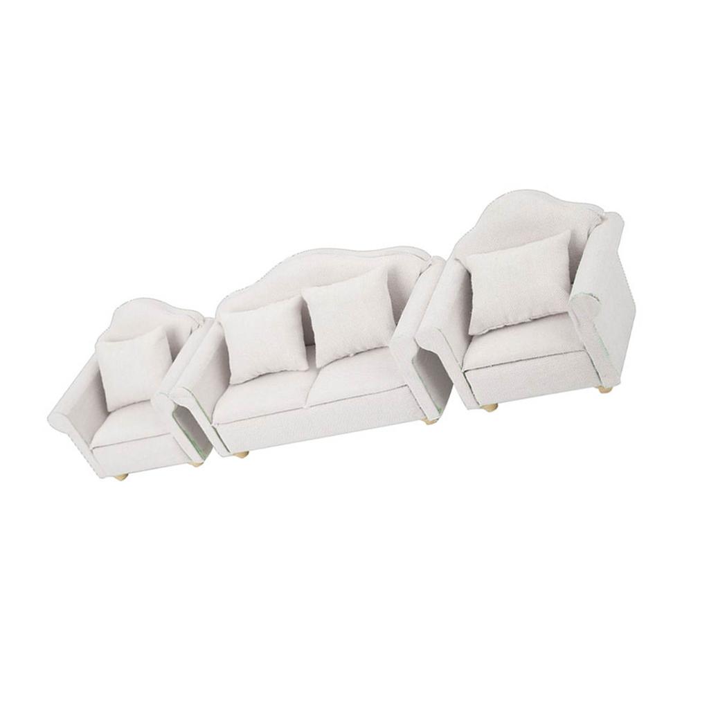 3Pcs 1:12 Mini Doll House Plaid Sofa Cushion Set Accessory Room Furniture ToyWhite