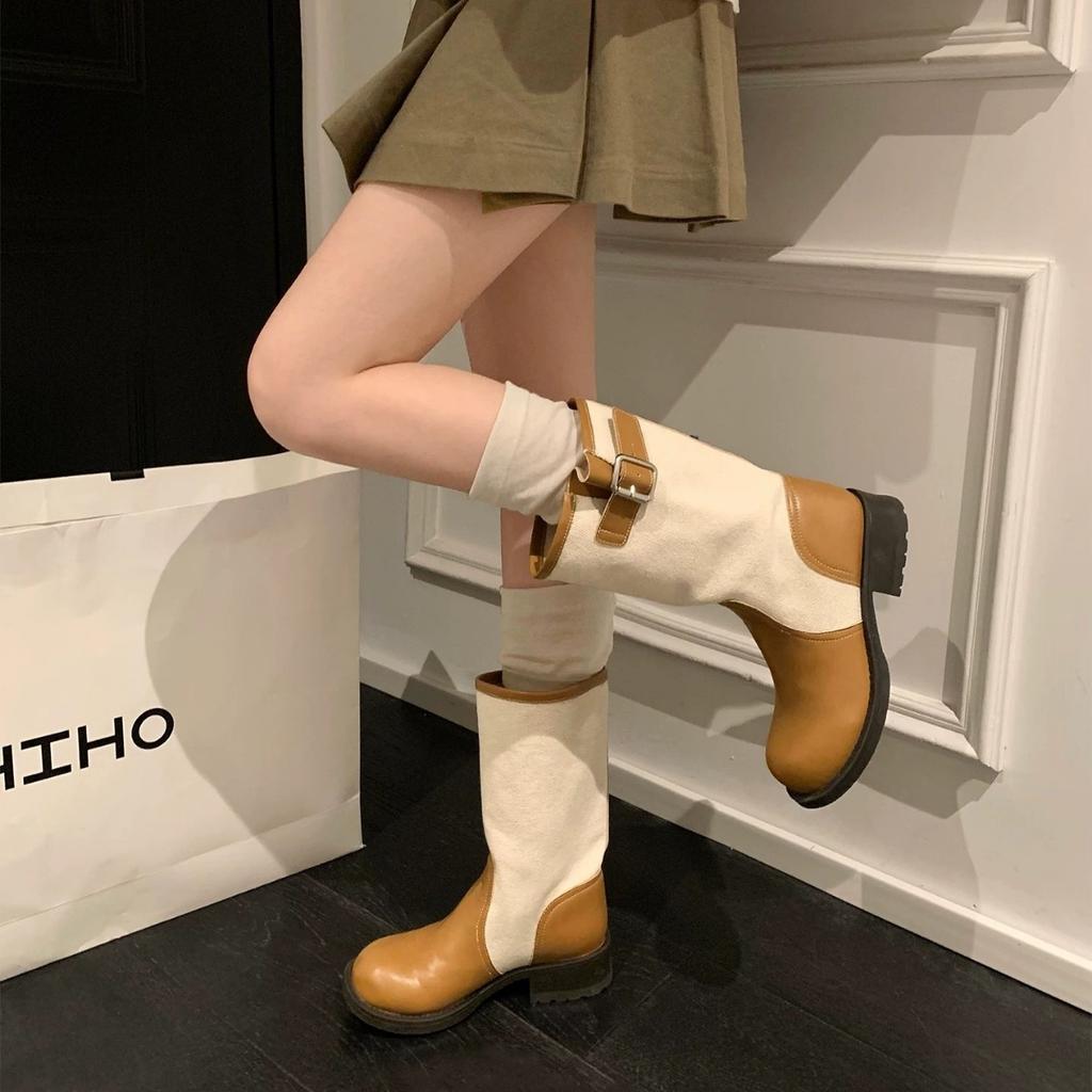 Retro Style Knight Boots Women'S Medium Boots Contrasting Color Belt Buckle Thick Sole Height Increase Thin Boots Women'S Fashion Martin Boots Women