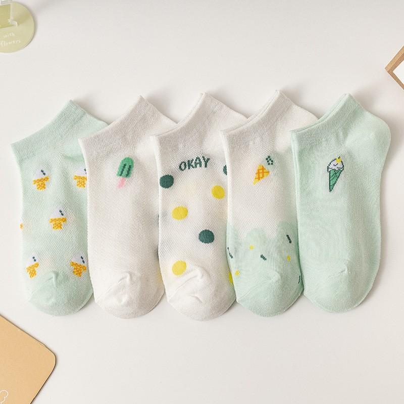 5Pairs Women's Spring and Summer New Short Cotton Socks Japanese Sweet Casual Cartoon Couple Boat Socks