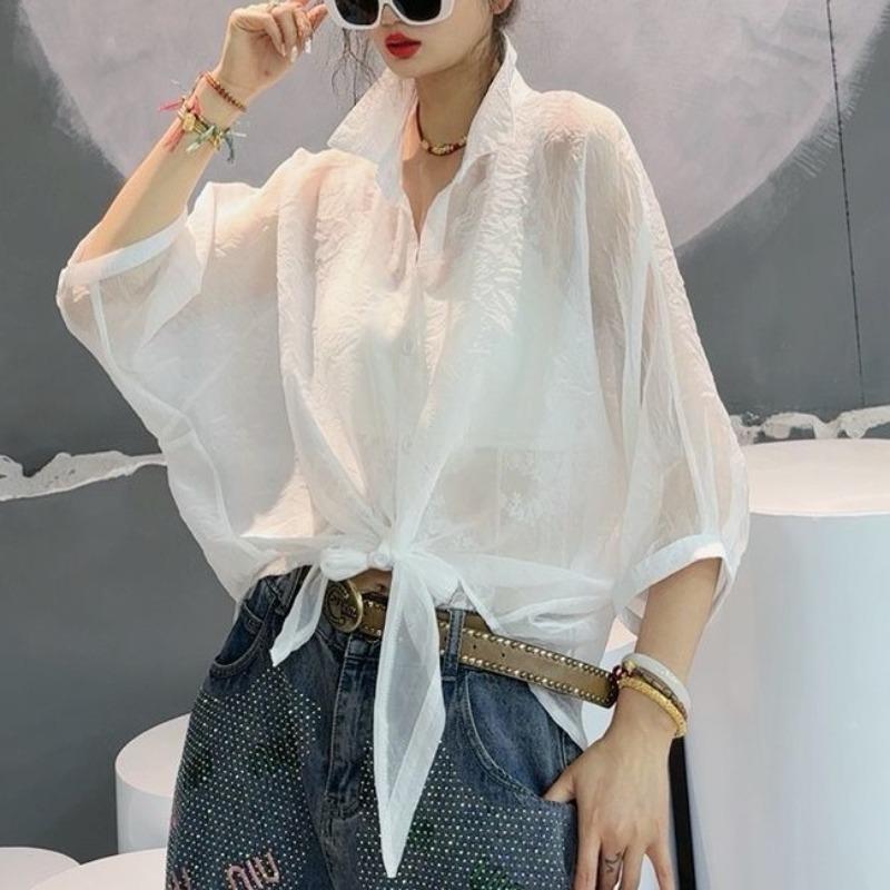 Women's Fashion Sunscreen Clothing 2024 Summer New Thin Blouses Loose Solid All-match Polo Neck Button Bandage 3/4 Sleeve Shirts