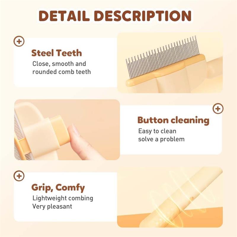 Pet Comb with Long & Short Stainless Steel Metal Teeth for Shedding and Tangles, Durable Self-Cleaning Cat Comb for Grooming with Release Button