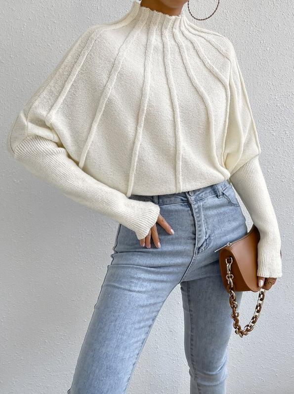Women Mock Neck Solid Knit Batwing Sleeve Pullover Sweater S белый