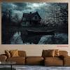 2D Spooky Old Cottage with Boat Photo Booth Backdrop Cloth for Horror Theme