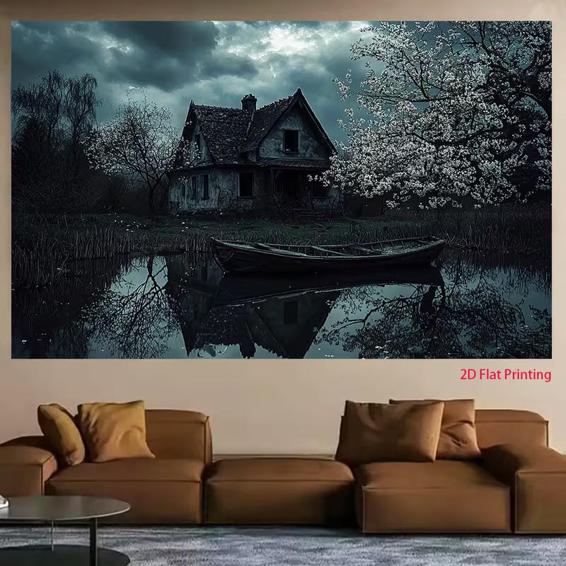 2D Spooky Old Cottage with Boat Photo Booth Backdrop Cloth for Horror Theme