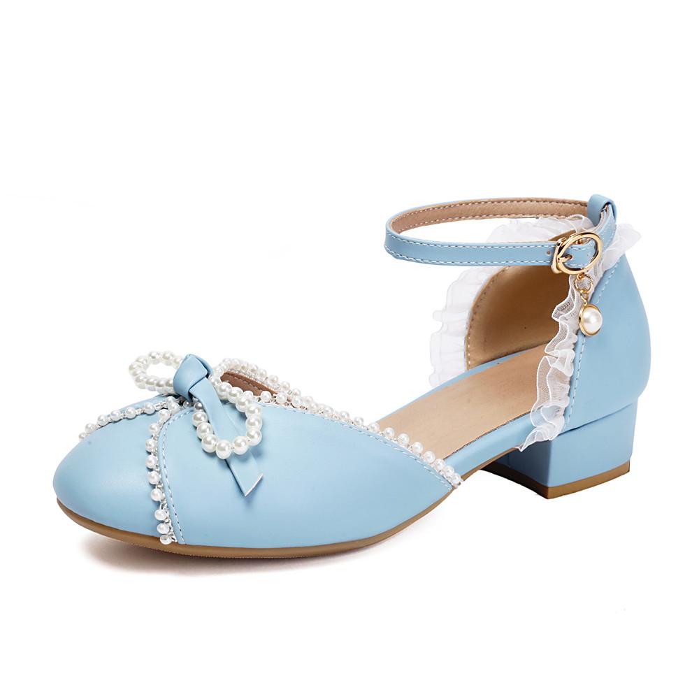 Fashion Spring Autumn Women Low Heels Mary Jane Pumps Party Wedding White Pink Beige String Bead Bow Princess Cosplay Lolita Shoes 31-48