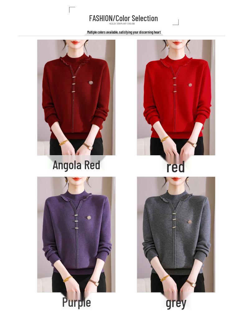 Mom's Velvet-Lined Faux Two-Piece Winter Sweater for Chinese New Year - Warm Base Layer for Middle-Aged & Elderly Women