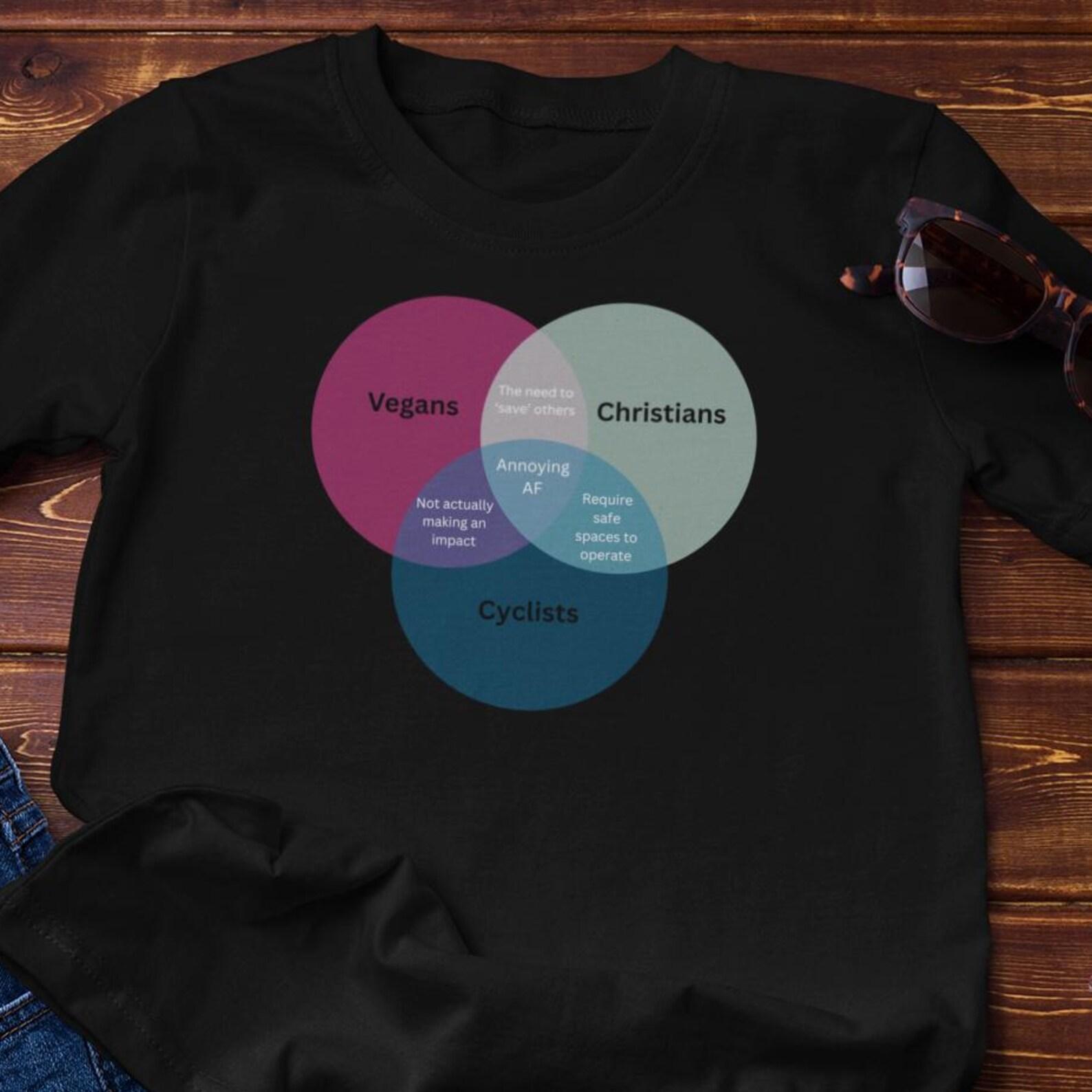 Funny T-Shirt - Venn Diagram of Cyclists, Vegan & Christians | Cotton Tee XL