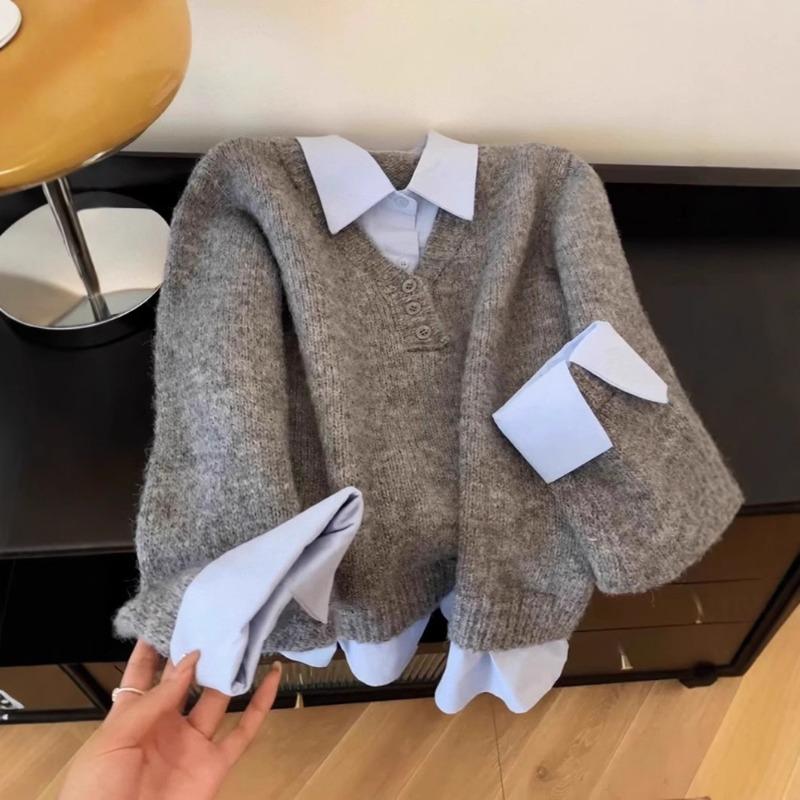 Gray and Blue Contrast Sweater Shirt Fake Two-piece Stacked Women's Autumn and Winter Korean Design Niche Unique Sweater Top