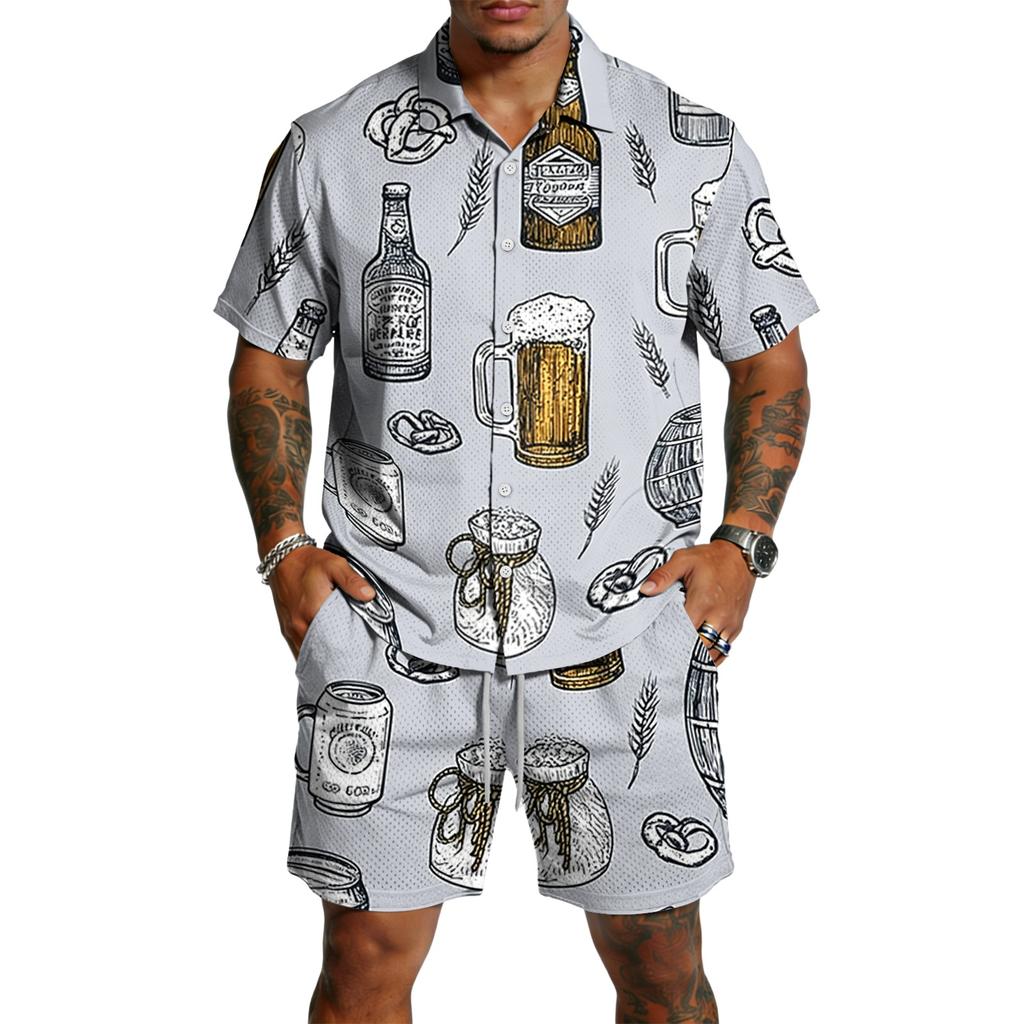 Conjunto Casual de Top Ligero Transpirable Estampado para Hombre y Shorts con Cordón