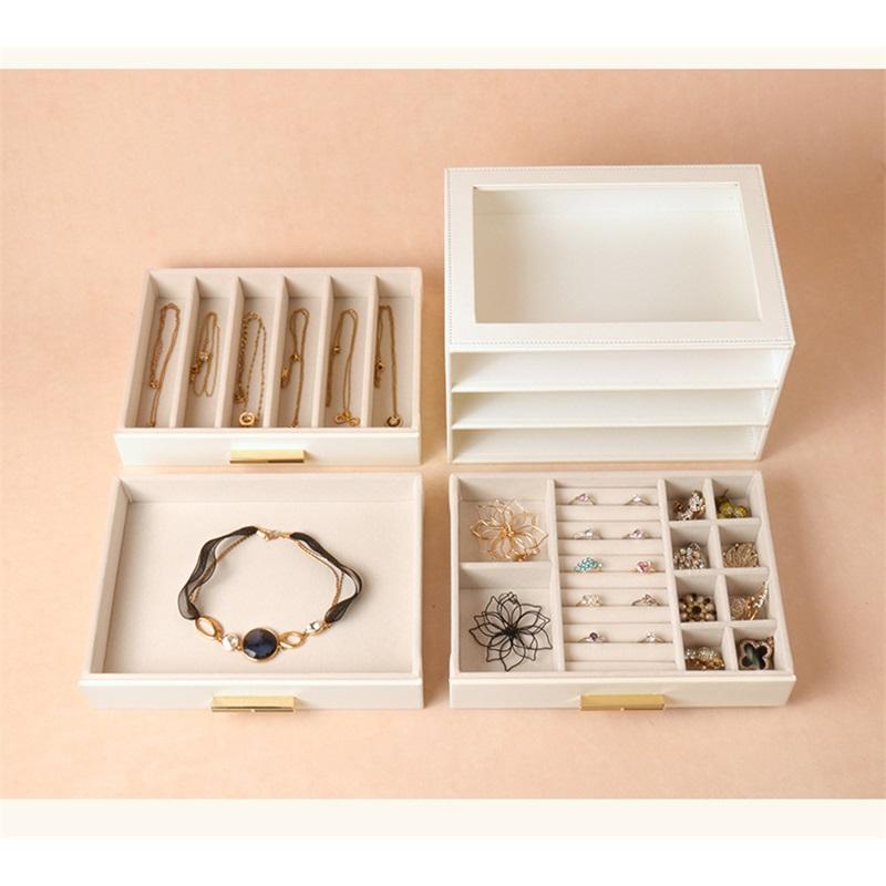 3-Layer Drawer Jewelry Box With Glass Lid, PU Leather Large Capacity Jewelry Organizer Storage Case For Earrings, Necklaces, Rings, Bracelets