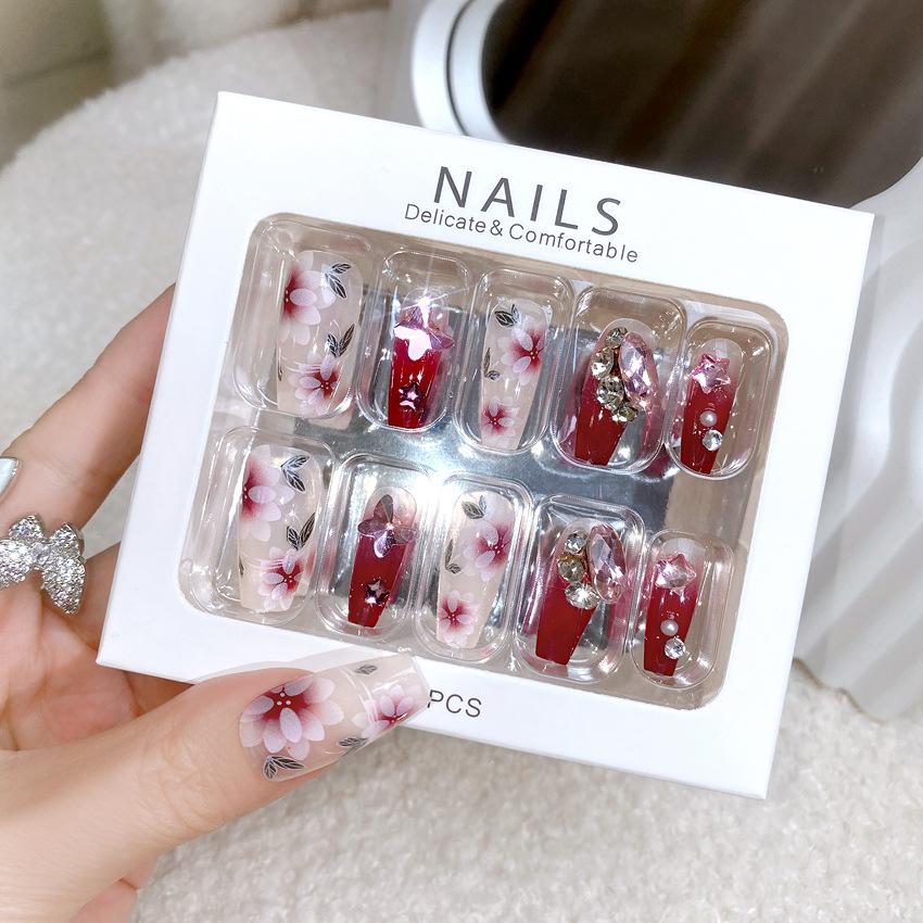 Medium Coffin Press on Nails with Rhinestones Designs Reusable Full Cover Glue on Fake Nails Press ons Artificial False Nails Stick on Nails for Women