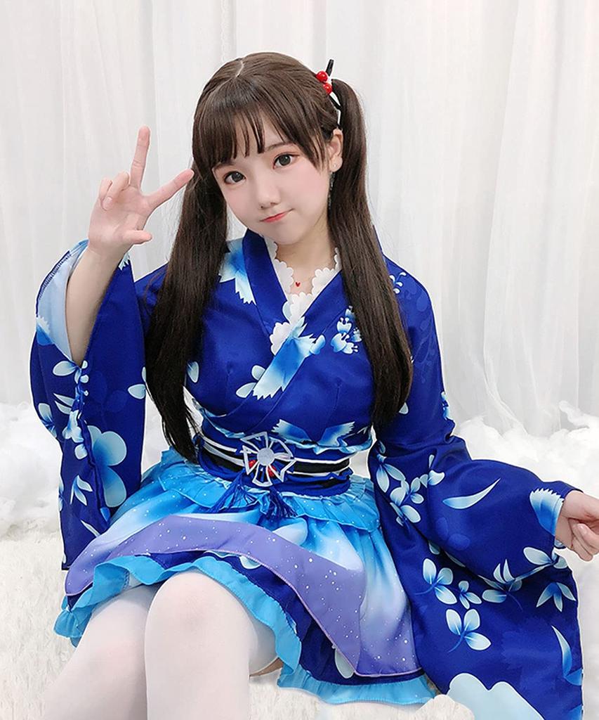 Milky Time Yukata, Japanese Style Miniskirt, Cute Cosplay Halloween Costume Set, Summer Festival, Oiran (Blue)