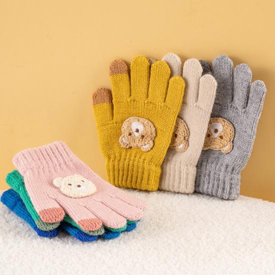 Dziecięce Zimowe Rękawiczki Dzianinowe Rękawiczki Dziecięce Pełnopalczaste z Ciekawym Haftowanym Misem Elastyczne Ciepłe Rękawiczki dla Chłopców i Dziewczynek w wieku 7-12 lat