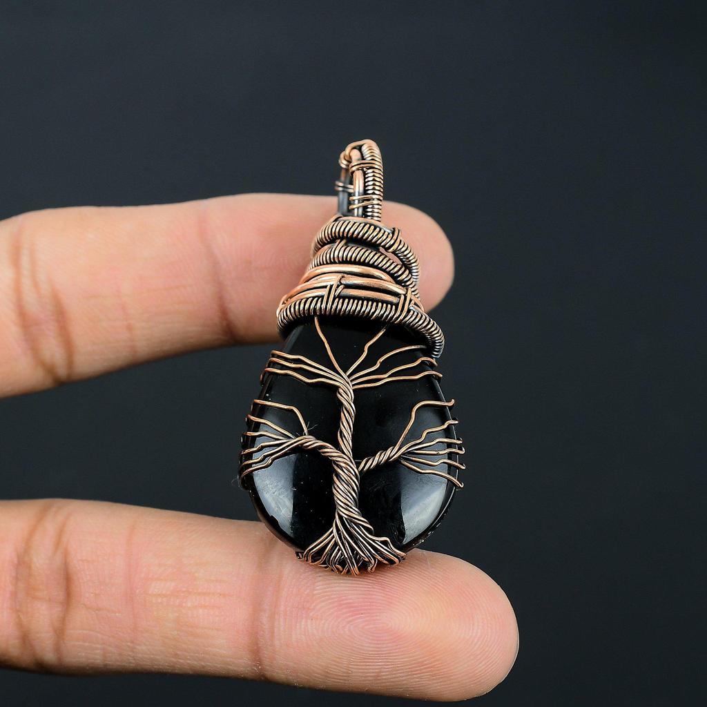 Black Obsidian Gemstone Handmade Pure Copper Wire Wrap Jewelry Pendant For Women