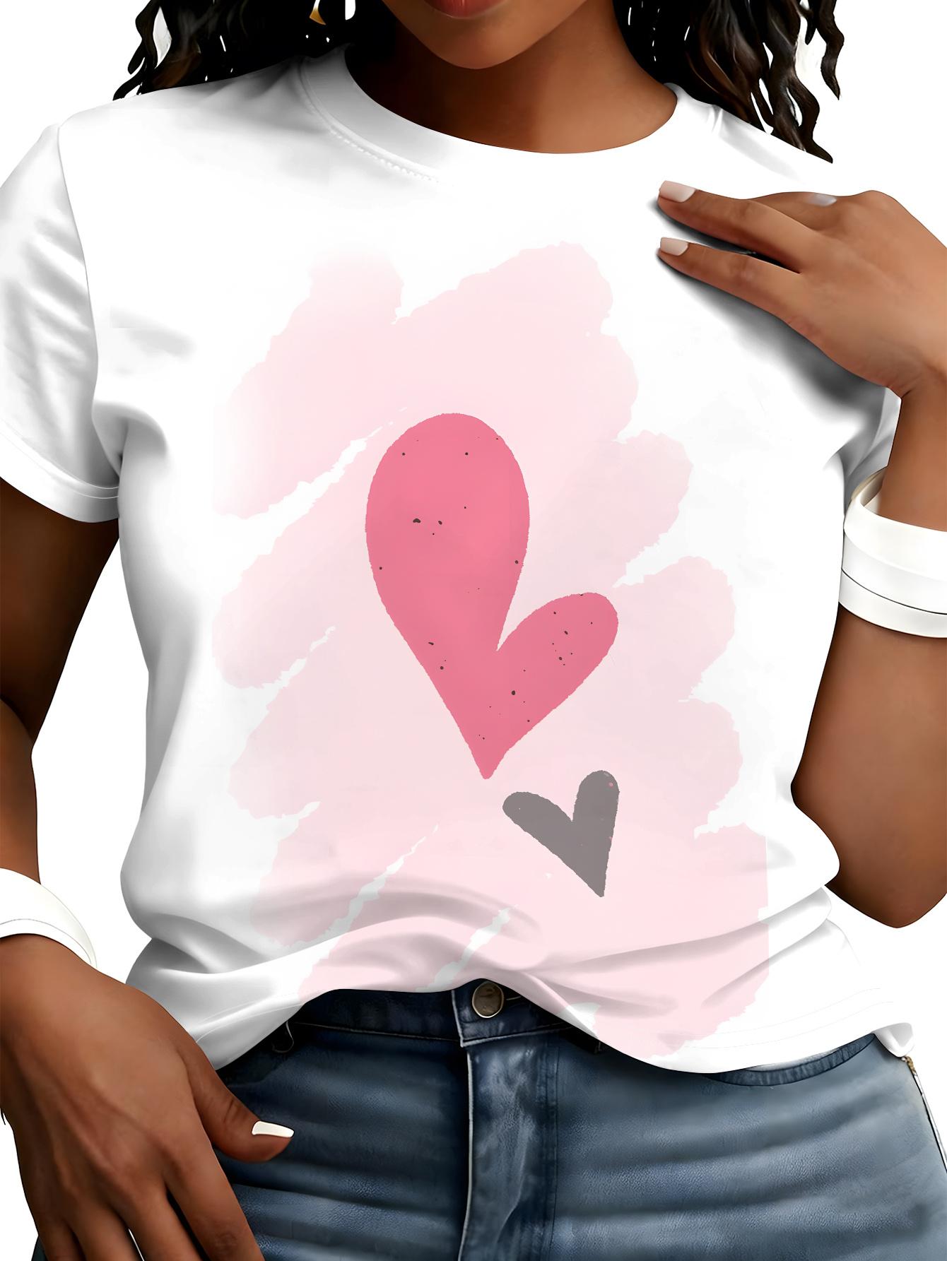 

Gentle Pink Heart Print T-shirt. White Base with Watercolor Splash Ink Gradient Heart Art Short-sleeve Top 2XL дубильная кора