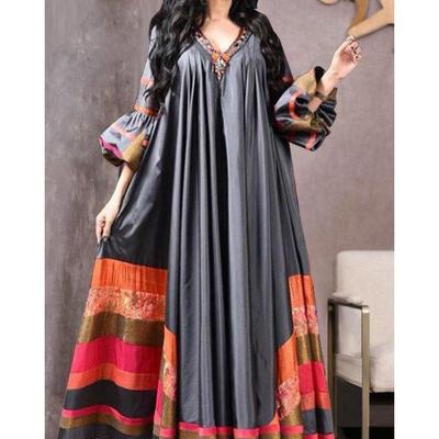 Vintage Bedrucktes Kleid Damen Atmungsaktiv Locker Mittelöstliches Gewand Lässig Langarm Abaya V-Ausschnitt Locker Muslimische Abayas Damen