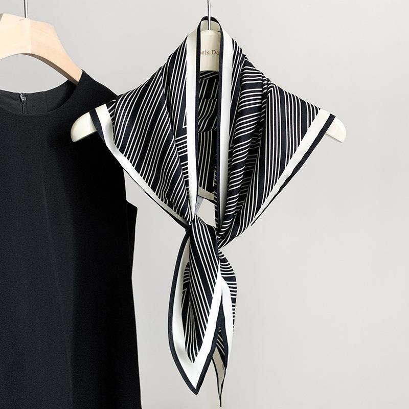 Striped imitation silk rhombus scarf fashionable spring and summer Korean retro silk scarf bag head women s thin triangle scarf scarf