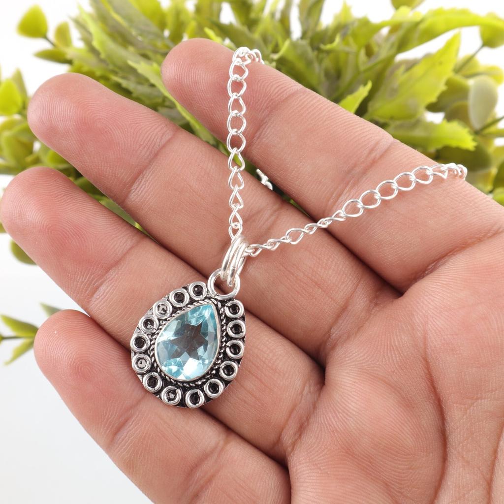 Friendship Day Deal Pear Natural Sky Blue Topaz Sisters Gift Pendant 925 Silver PP-26-3