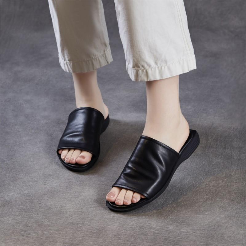 Johnature Retro Outerwear Slippers Genuine Leather Soft Soled Peep Toed Flat Women's Slides