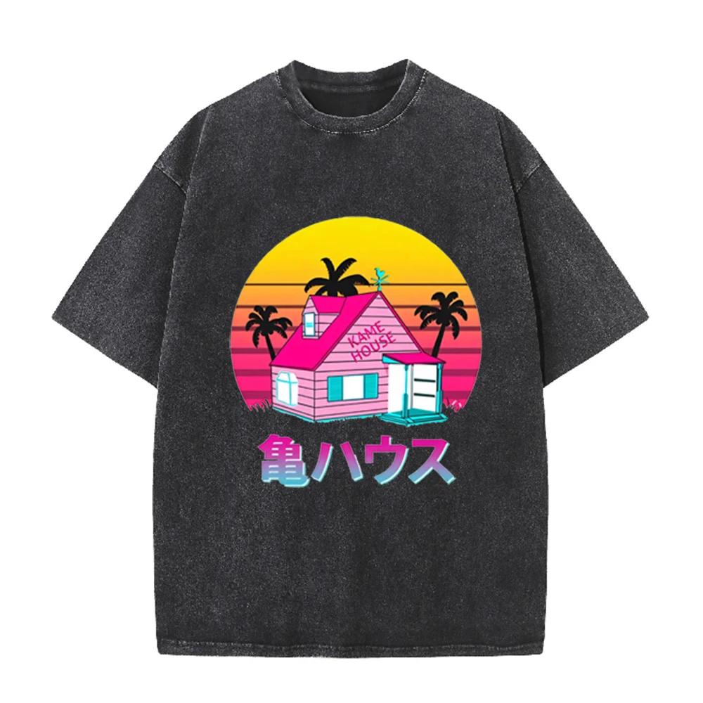 2026 Unisex Vintage Washed Cotton Tee Retro Sunset Palm Tree Cartoon House Print Casual Round Neck Short Sleeve Daily Tops